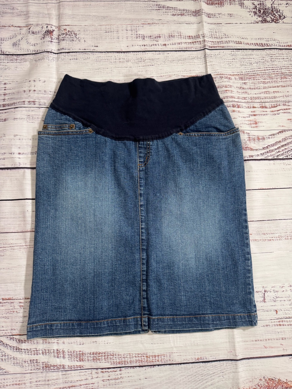 duo Maternity Denim Skirt with Navy Stretch Waistband